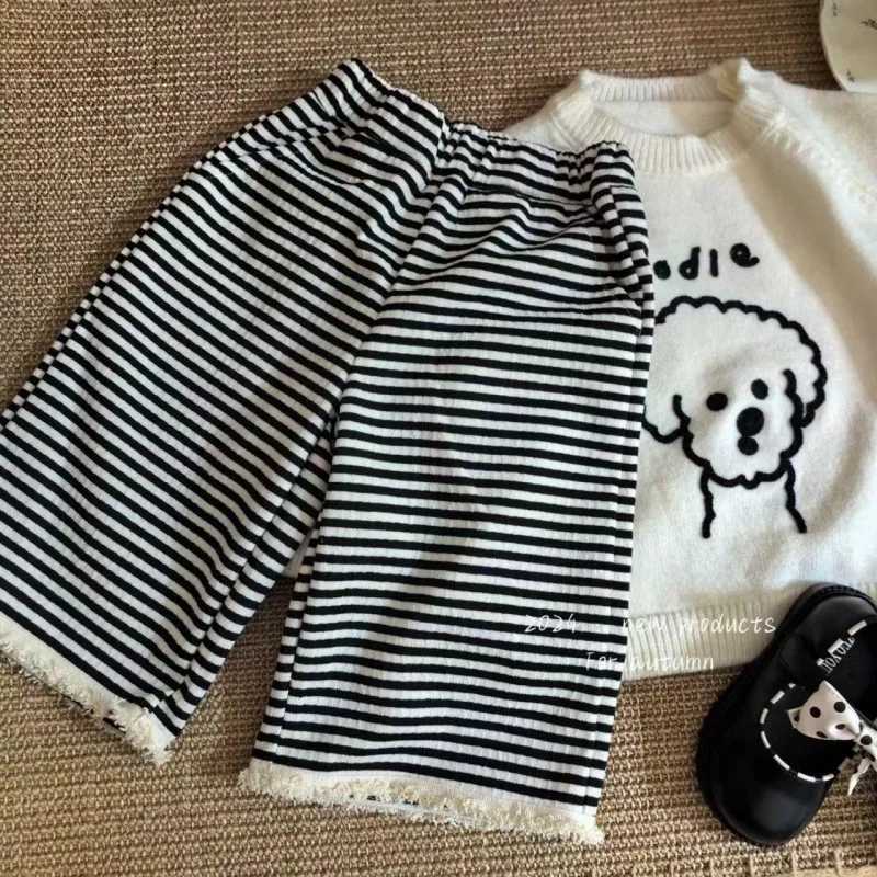 Clothing Sets Autumn Children Girl 2PCS Clothes Set Cotton Knitted Cartoon Dog Sweater Striped Raw Edge Wide Leg Pant Suit Toddler Girl Outfit H241214