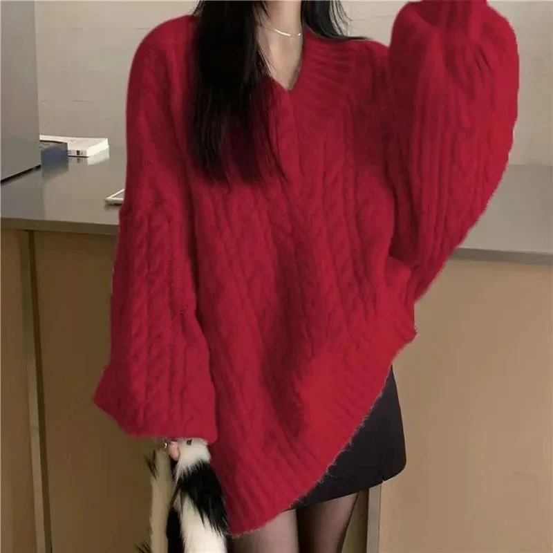Autumn and Winter Womens Sweater Harajuku Large Knitted Lanhua Korean Long Sleeve Vneck Pre made Solid Loose Jumper 241211