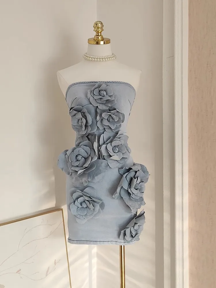 Casual Dresses French Elegant Solid 3D Appliques Flower Patchwork Slimming Dress For Women Slash Neck Sleeveless Tunic Vestidos Female Clothing 2025
