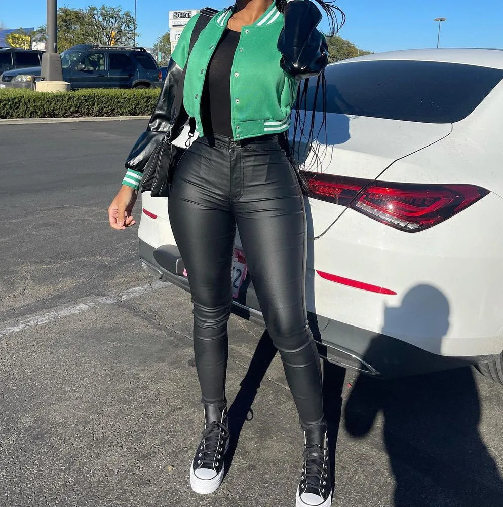 Womens high waisted elastic and sexy ultrathin Pu leather pants European American spicy girl panties autumn winter 241212