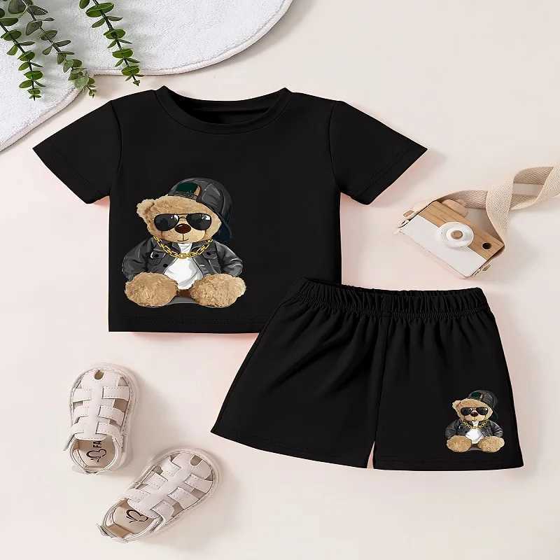 Clothing Sets Summer Baby Girl Clothes Kid Boy Sunglasses Bear Printing T-Shirts Pants Suit Children Short Sleeve Top and Bottom 2 Pieces Set H241214