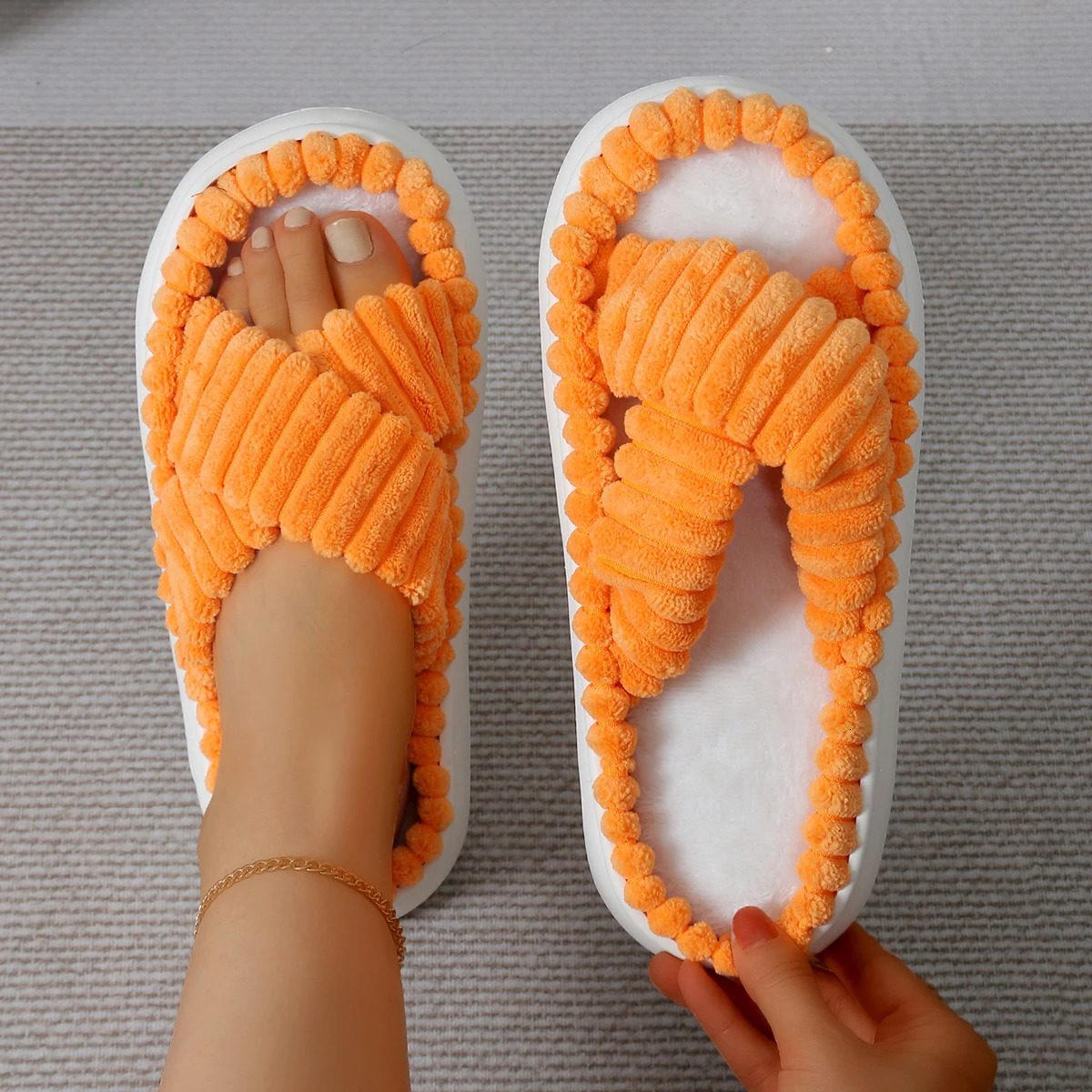 Autumn Winter Corduroy Home Slippers Women Cross Band Thick Soft Sole Slides Platform Shoes Woman Non Slip Indoor 241214