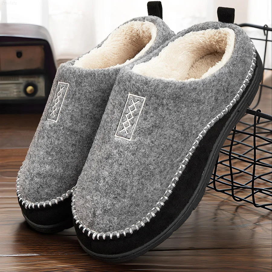 Mens House Slippers Sewing Thread Contrasting Color Fuzzy Warm Comfortable Memory Foam Indoor Shoes Winter Casual 241214