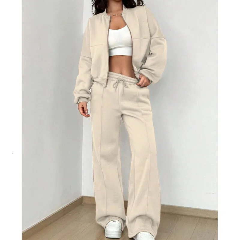 Grey Bomber Jacket Pant Women 2 Pieces Set Casual Long Sleeve Zipper Coat Solid Sweatshirt Trousers Suit Fall Sportwear y241203