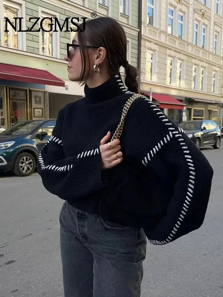 ZaZevity TRAF AutumnWinter Large Turtle Neck Sweater Loose Weight Loss Casual n Fashionable Knitted Top 241211