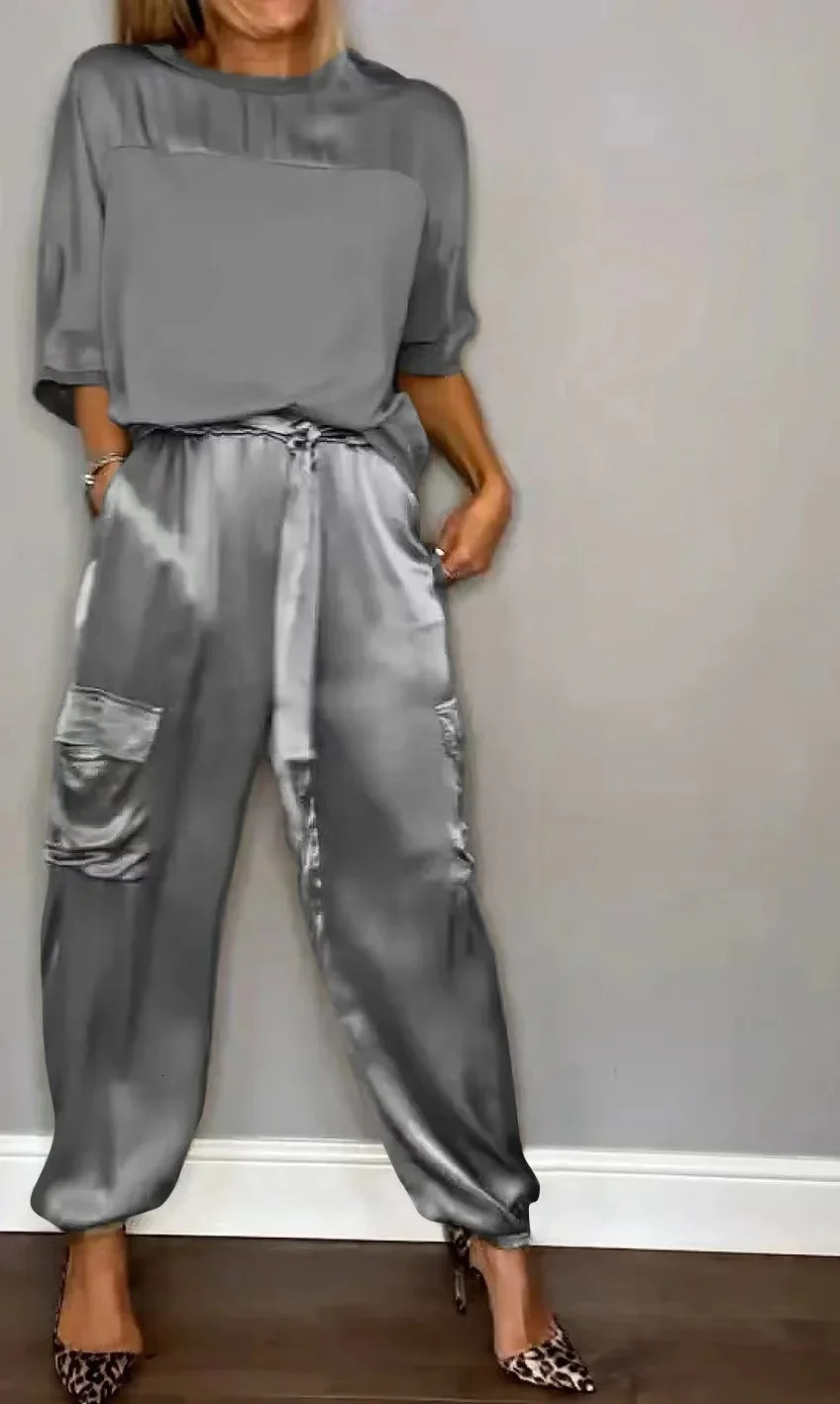 Autumn Elegant Womens Smooth Satin Set Street Scenery Smooth Satin Half Sleeve Shirt Casual Pants Sports Two Piece Set 241214