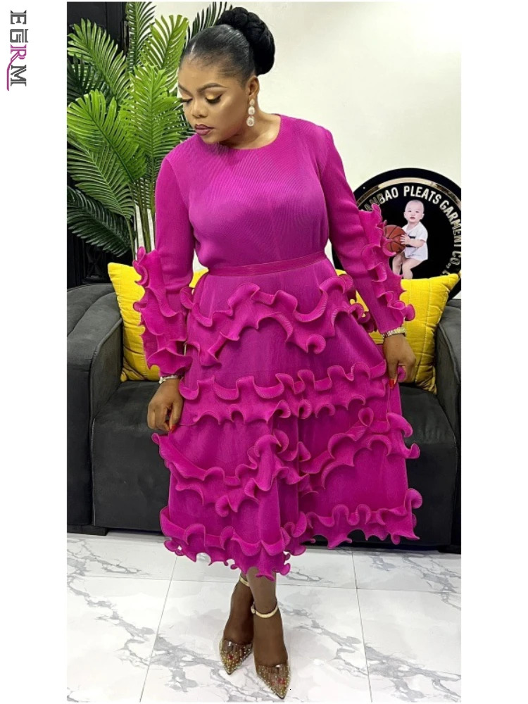 EGRM Belt Pleated Miyake Dress Fashion Round Neck Long Sleeves Fungus Spliced Solid Elegant Dresses For Women New 5Gr2974