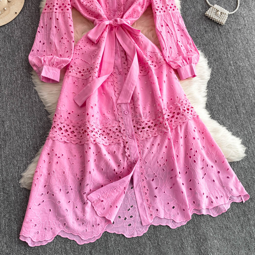 Casual Dresses 2025 Spring Holiday Beach Hollow Out Cotton Dress Women's Long Sleeve Lapel Embroidery Flower Belt Lace Up Party Long Vestidos