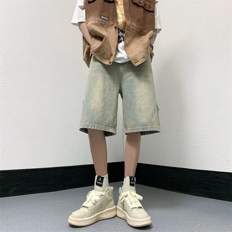 Mens patches oversized jeans streetwear Harajuku denim shorts hip-hop retro blue summer casual loose shorts 241213