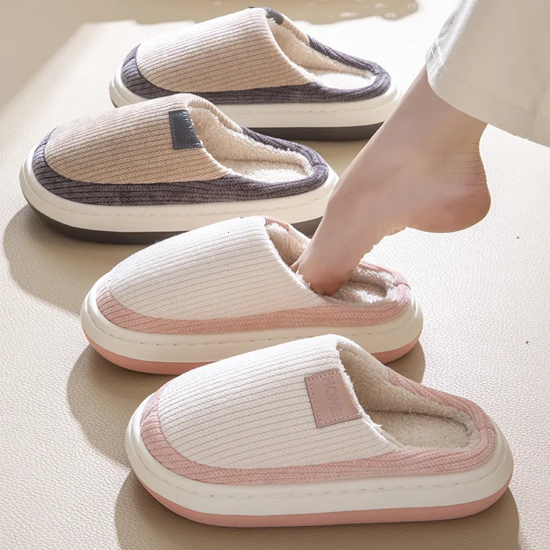 Winter Autumn Trendy Cotton Slippers Couple Warm Plush Indoor Home Thick Bottom Toe Wrap Non Slip Soft Sole House Shoes 241214