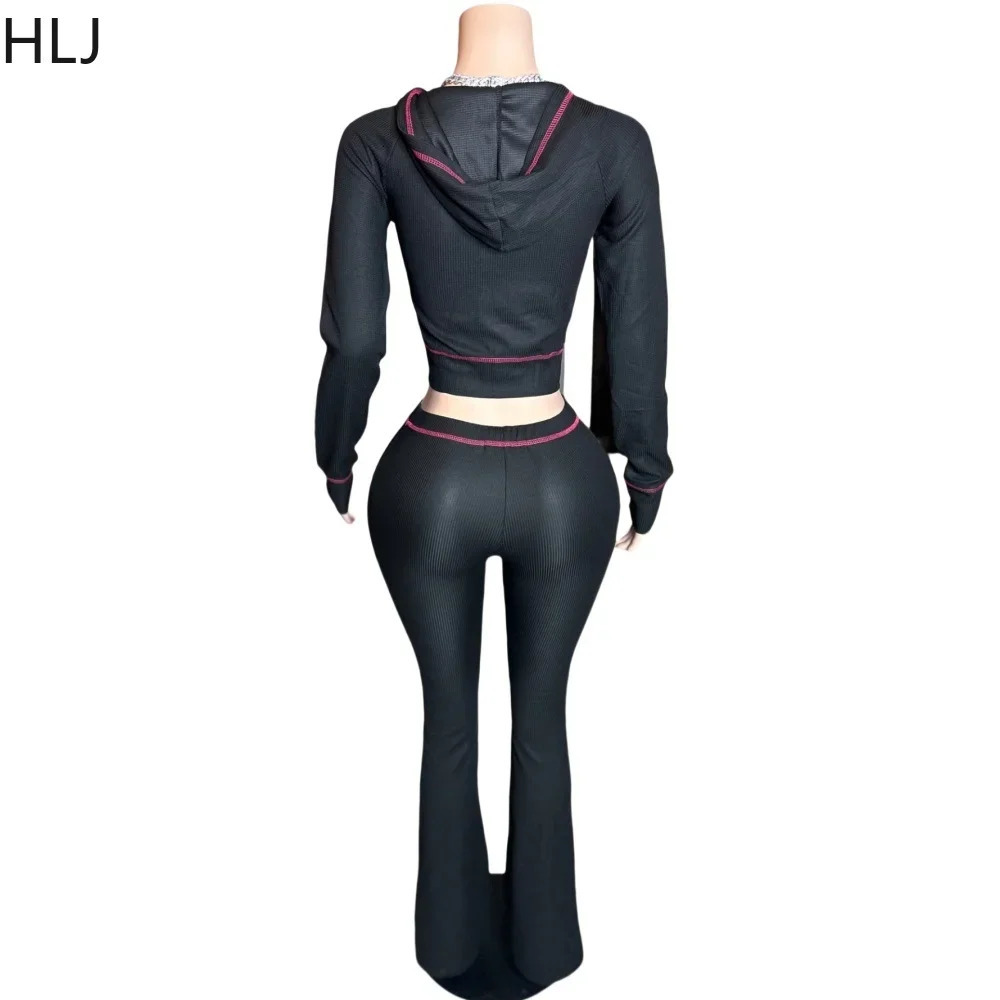 HLJ Autumn Waffle Hooded Two Piece Sets Outfits Women Zipper Long Sleeve Top And Flare Pants Tracksuits Female Sporty Suits 241209