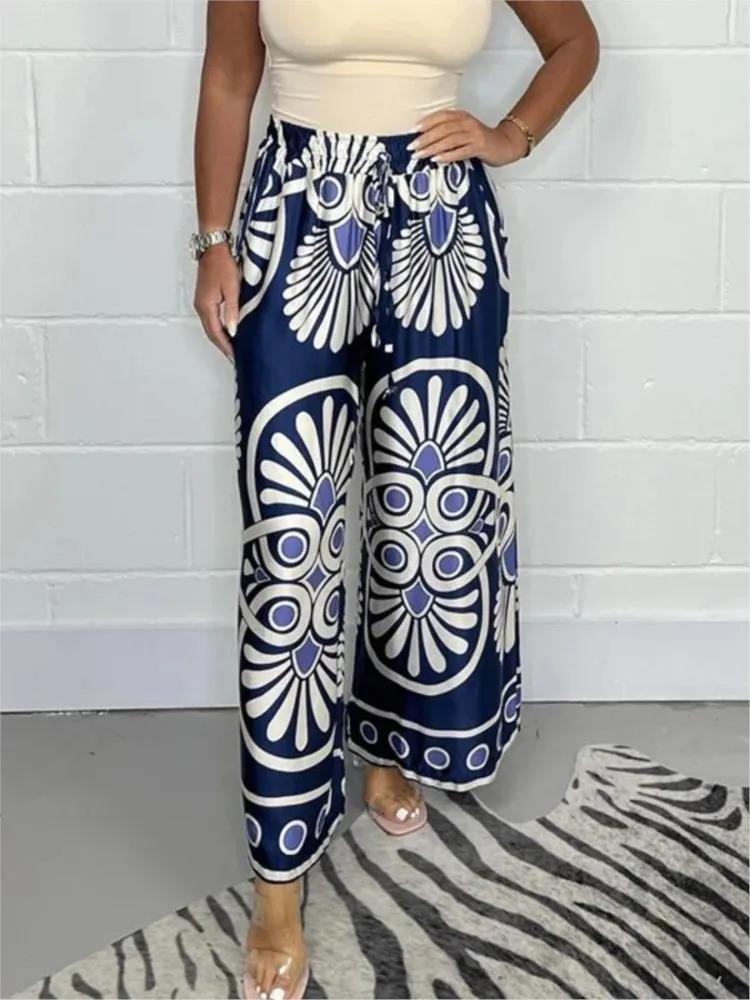 Bohemian womens long pants with elastic waist adjustable tie wide legs 2024 spring casual mens satin retro floral print 241212