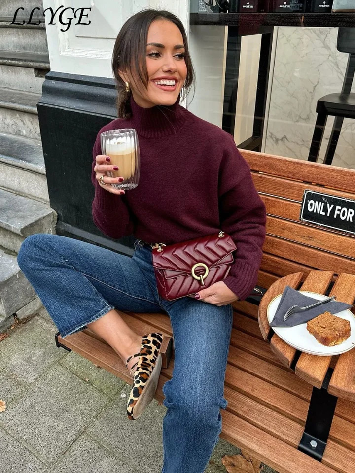 Retro womens Burgundy turtle neck sweater casual long sleeved thick pullout 2024 winter comfortable fully matched knit 241211