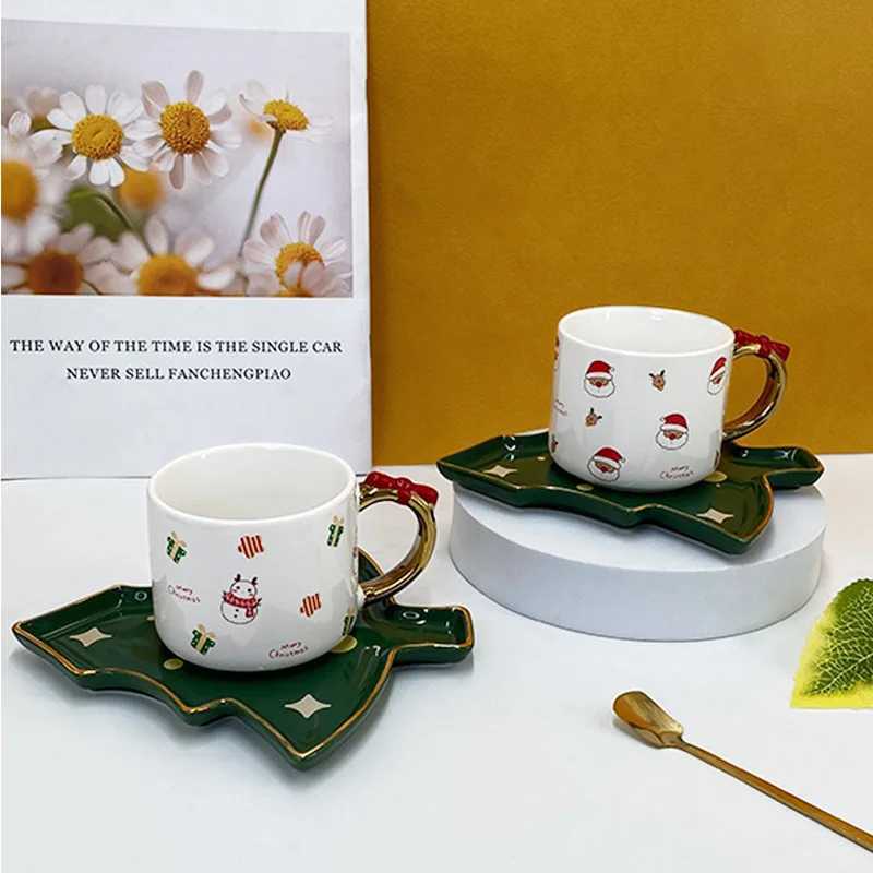 Christmas tree shaped ceramic coffee cup and sauce creative bow handle Mti posture gingerbread mens patterned beverage Y241214