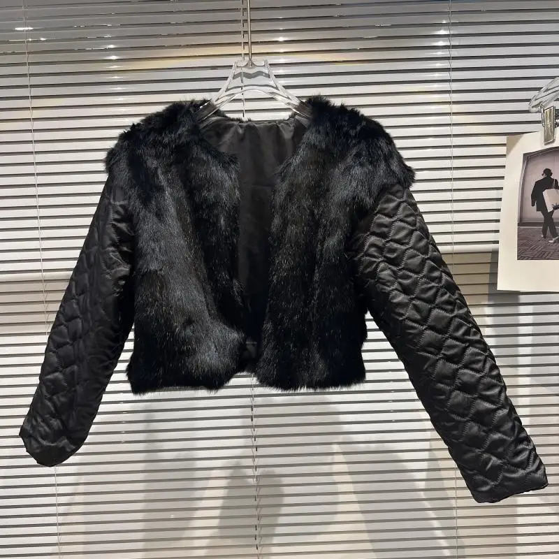 DEAT Womens Denim Jacket Embroidered Sparkling Hole Black Thick Faux Fur Short Womens Coat 2025 Spring 11A01605 241210