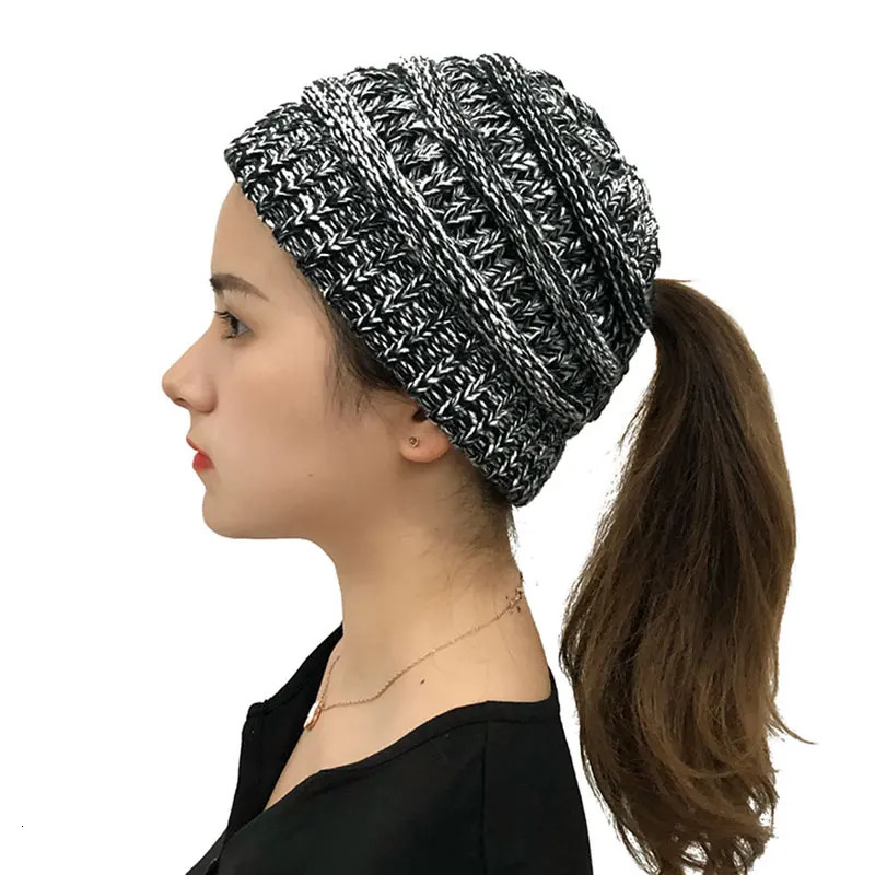 adult womens wool knitted hat autumn warm skull hat womens cross ponytail hat skull hat 241211