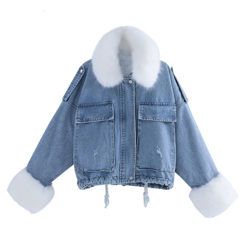 Pink and white winter denim jacket womens soft fur lined denim jacket fur collar jacket retro loose thick warm denim jacket 241210