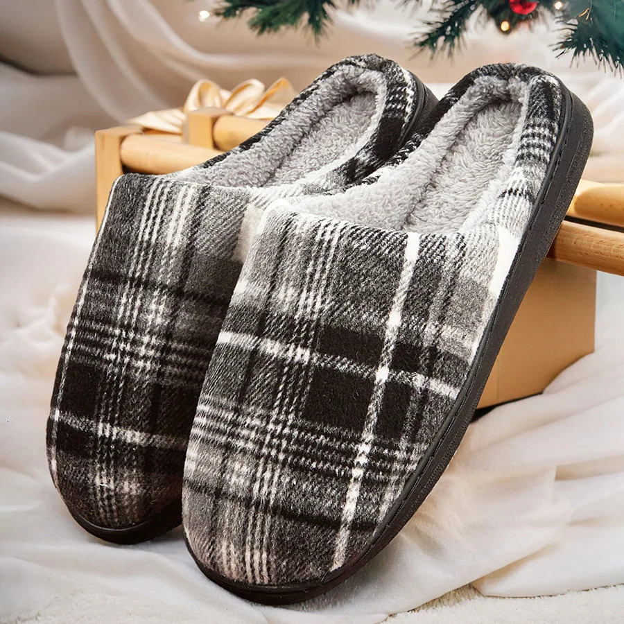 mens house slippers plaid furry comfy memory foam casual family shoes winter warm soft bedroom 241214