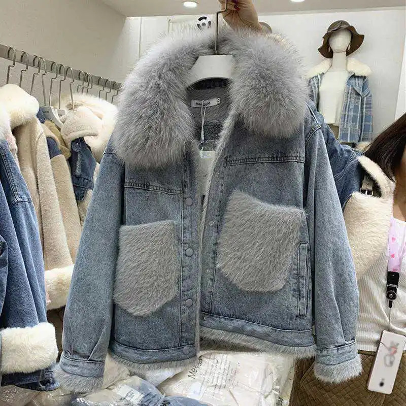 Winter Denim Jacket Womens Cotton Coat Artificial Fur Collar Loose Plus Cashmere Wool Warm Coat Womens Jacket Trend 241210