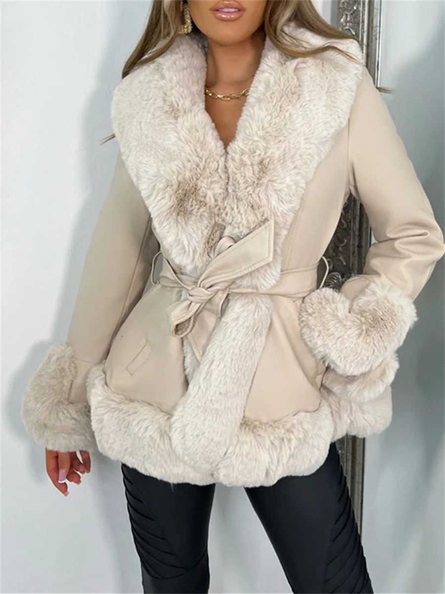 WSEVYPO fur decorative patch work PU leather jacket womens fashion contrasting color plush collar warm cardigan with warm coat 241214