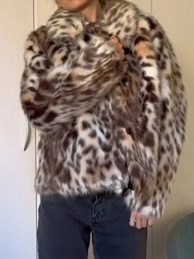 UCXQ Fashion Leopard Print Faux Fur Coat For Women Lapel Long Sleeve Chic Jacket Female Autumn Winter Outerwear C2781 241211