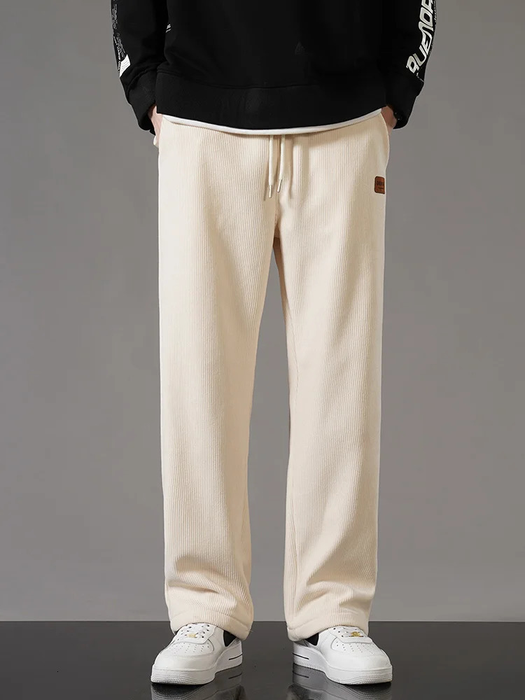 Winter Thick Warm Corduroy Sweatpants Men Fleece Liner Drawstring Straight Loose Track Pants Male Casual Thermal Trousers 241214