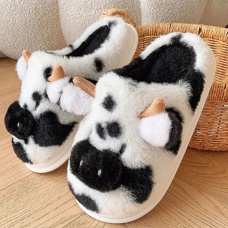 Womens Winter Warm Cartoon Cow Slippers Closed Toe Non Slip Furry House Shoes Women Indoor Bedroom Thick Sole Plush 241214