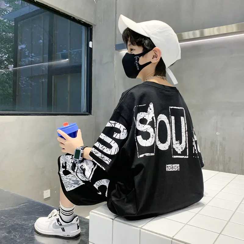 Clothing Sets Boys Summer Trendy Casual Sports 2pcs T-shirts+Pants Suits 3-14 Years Teenage Boys Hip Hop Style Fashion Outfits Clothes Sets H241214