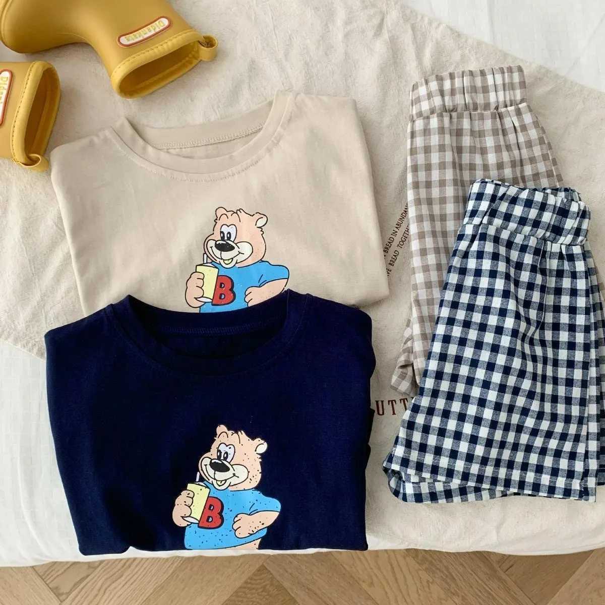 Clothing Sets Short Sleeve Tshirt+Plaid Shorts 2 Piece/Set Kids Cartoon Print Short Sleeve Tracksuits For Boys And Girls Cute Summer Clothing H241214