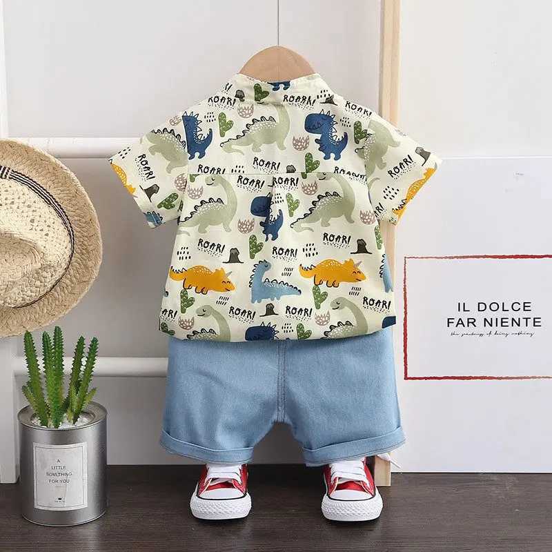 Clothing Sets Children Clothes Spring Cartoon Baby Boy Short Sleeve Printe Dinosaur Causal Shirts Jeans 2Pcs/set Kid Fashion Toddler Tracksuit H241214