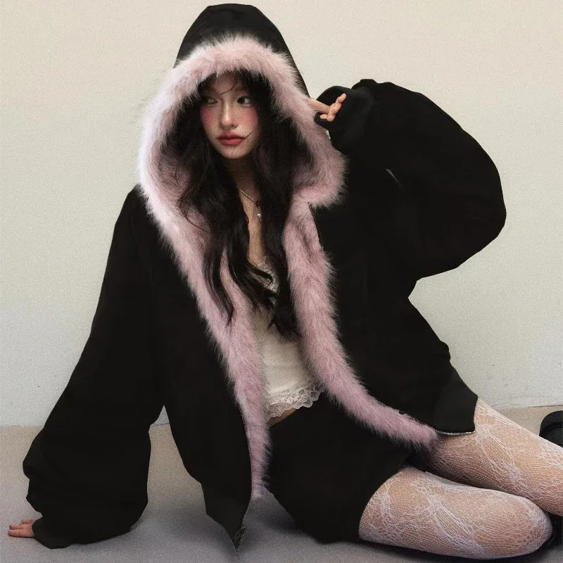 Retro style reversible jacket womens winter high-end spliced black long sleeved top Harajuku Y2K warm fur collar hooded sweatshirt 241210