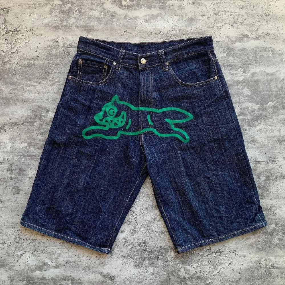 Retro Harajuku Hiphop Puppy Loose Denim Shorts Y2K Summer Gothic Basketball for Men and Women To Wear on The Street 241211