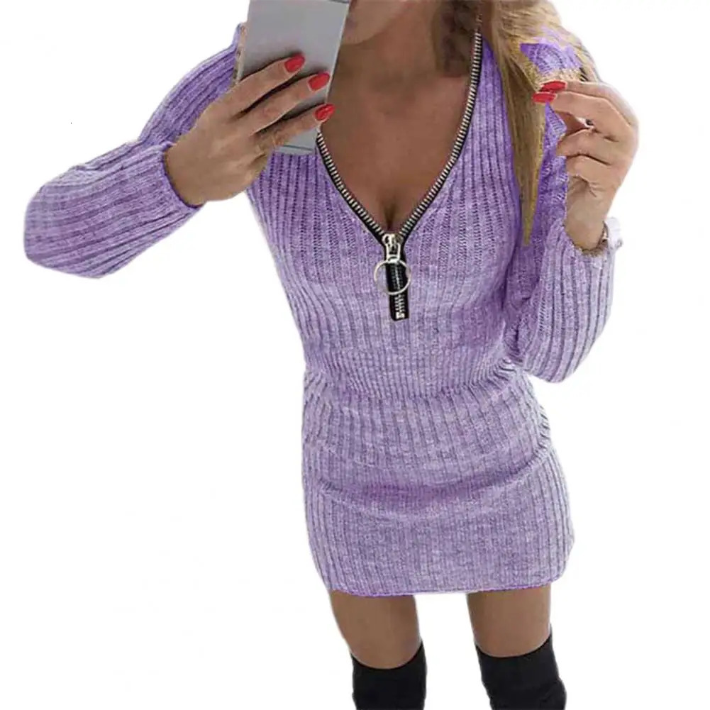 Womens solid color knitted autumn and winter waist tie striped dress suitable for daily wear 241212