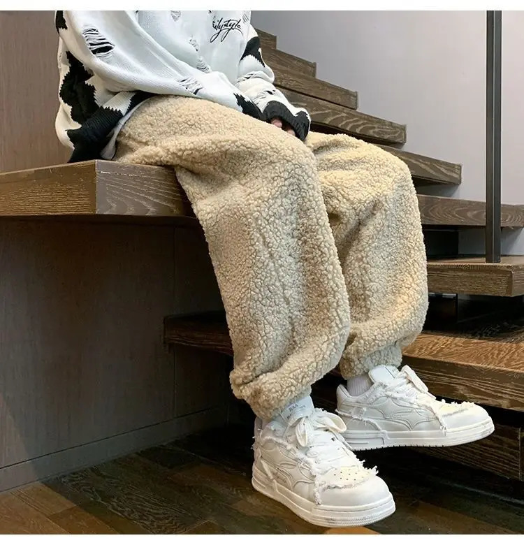 Lamb wool sweatpants mens autumn and winter style velvet thickening trendy loose sports casual pants mens pants y2k 241214