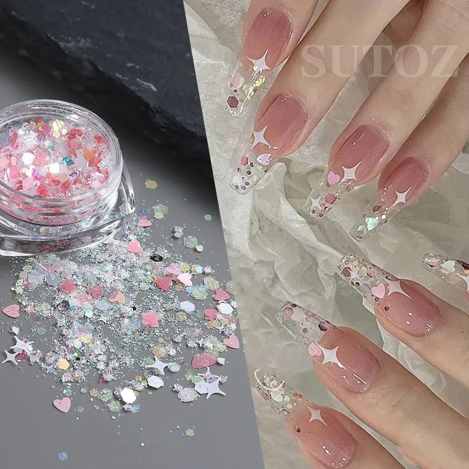 Heart shaped Nail Art Sparkling Glitter Holographic Pink Star Round Hexagonal Oil Painting Ergonomic Decoration LEXMSH 241213