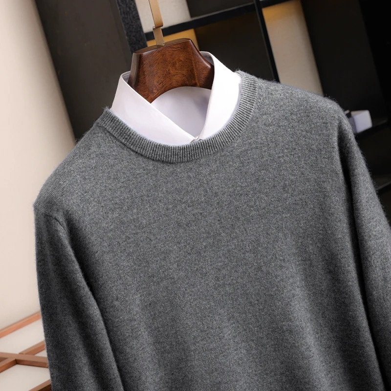 ZYCZCXX LongSleeved Pullover Mens 100% Merino Wool Oneck Sweater Autumn and Winter Basic Solid Color Knit Top Clothes 241209