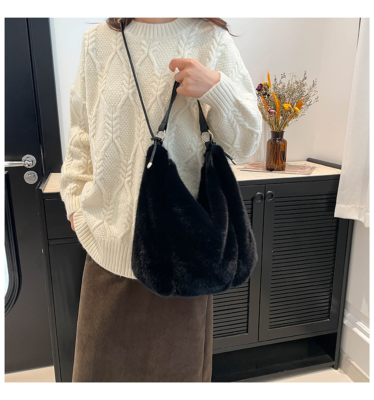 New Faux Mink Plush Women's Handbag, Large Capacity Fluffy Portable Shoulder Crossbody Bag Tote Bag
