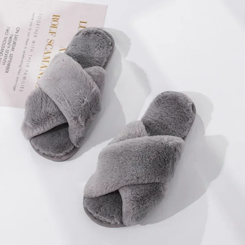 Winter Women House Slippers Faux Fur Fashion Warm Shoes Woman Slip on Flats Female Slides Black Pink cozy home furry slippers 241214