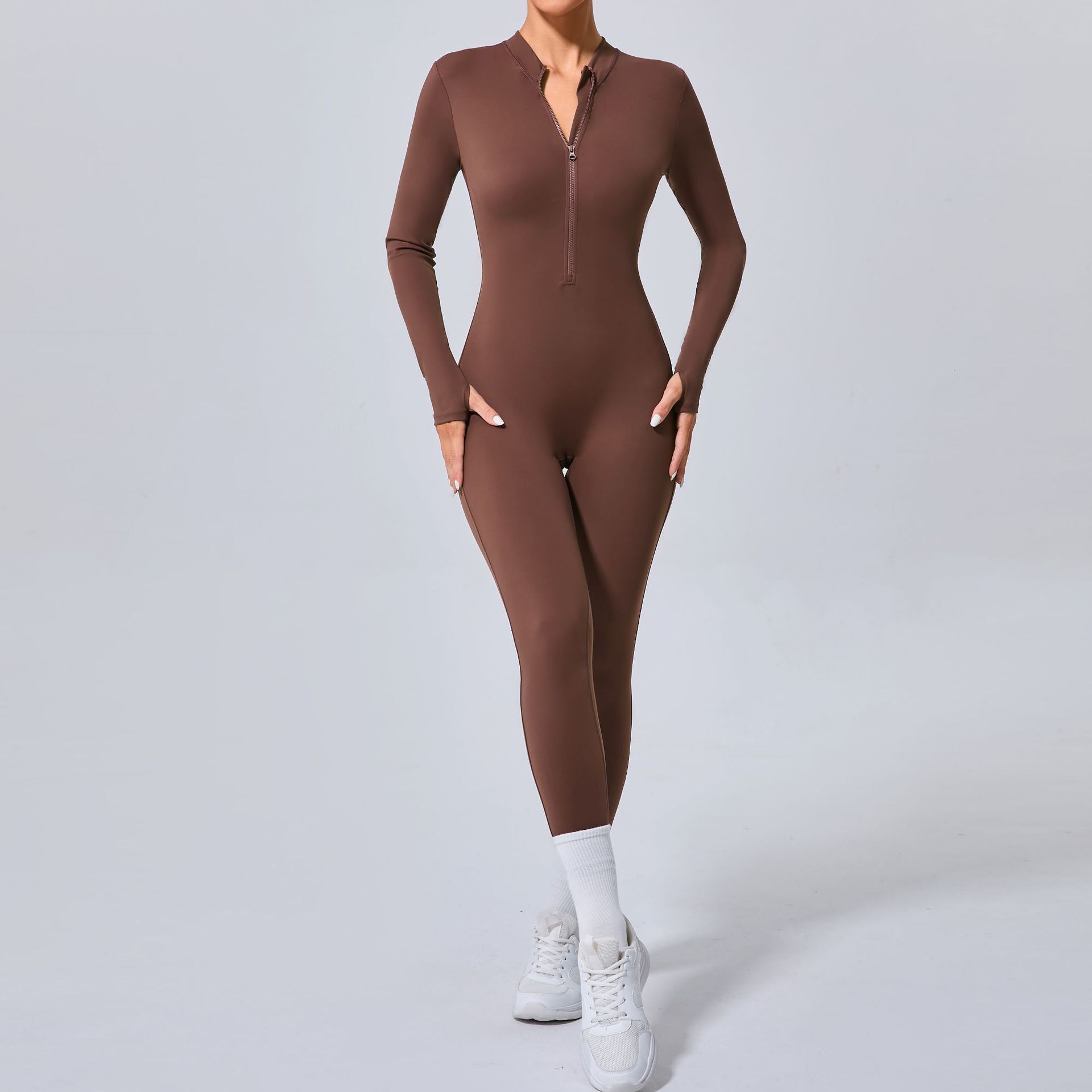Half Zipper Workout Yoga Jumpsuit Sports Overalls Women Long Sleeve Slimming Thumb Gym Clothing Running Fiess Suits Tracksuit