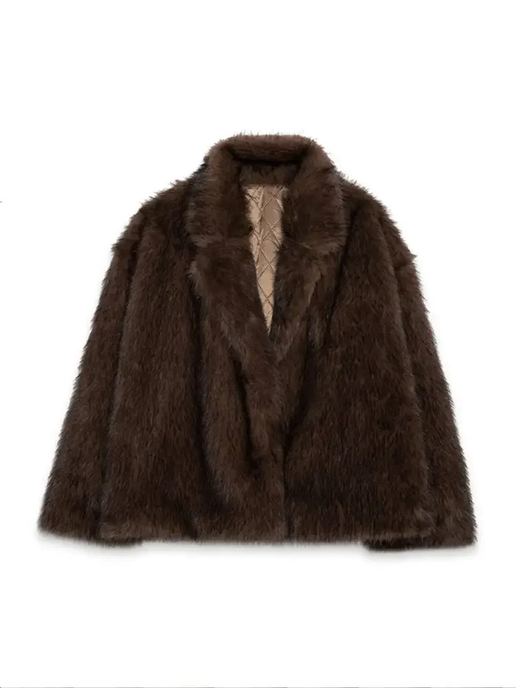 Fashion Deep Brown Faux Fur Solid Lapel Warm Jacket Chic Long Sleeve Cropped Street Coat Winter Female Thick Outerwear 241211