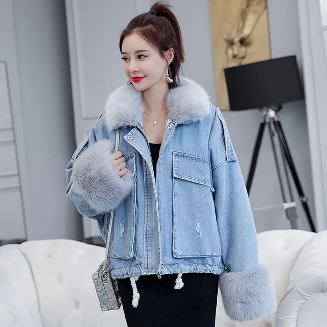 Pink and white winter denim jacket womens soft fur lined denim jacket fur collar jacket retro loose thick warm denim jacket 241210