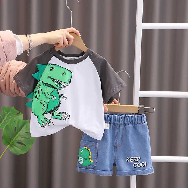 Clothing Sets Summer Children Kids Girls Boys Clothes Infant Patchwork Dinosaur T-Shirt Shorts 2pcs/Set Kids Cotton Toddler Costume 0-5 Years H241214