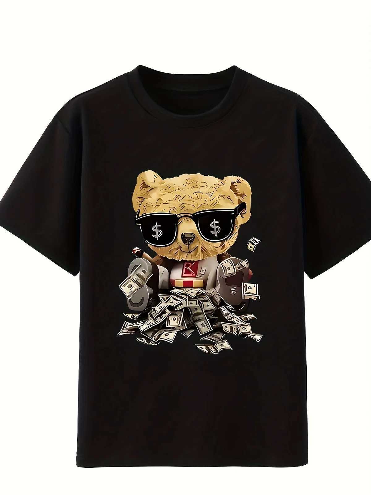 Clothing Sets Summer Baby Kid Boy Clothes Set Children Girls Banknote Bear Printed Short Sleeve T-shirts and Shorts Suit Top Bottom Outfits H241214