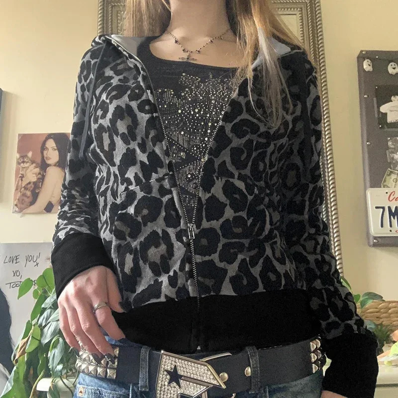 Y2K Leopard Print Velvet Hoodie Grunge Loose Zipper Hoodie Comparison Stickers Work Cardigan Retro Warm Coat 241214