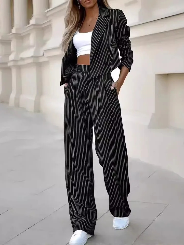 Two piece womens casual suit Srtip short collar jacket set straight leg pants 2piece autumn 241212