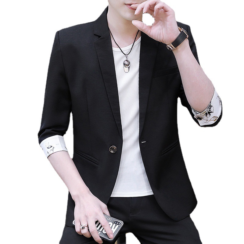 L1215New style printed solid color mid-sleeve small suit for men Korean style slim youth casual suit