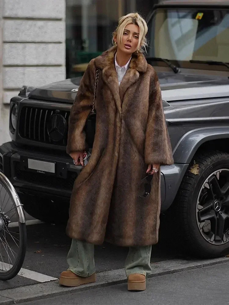Womens Dark Brown Faux Fur Warm Long Coat Single Breasted Oversized Thickened Overcoat Winter Fluffy Plush Female Outerwear 241211