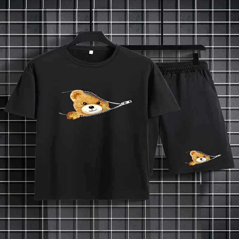 Clothing Sets Summer Baby Girls Clothes Kid Boy Zipper Bear Printing T-Shirts Pants Suit Children Short Sleeve Top and Bottom 2 Pieces Set H241214