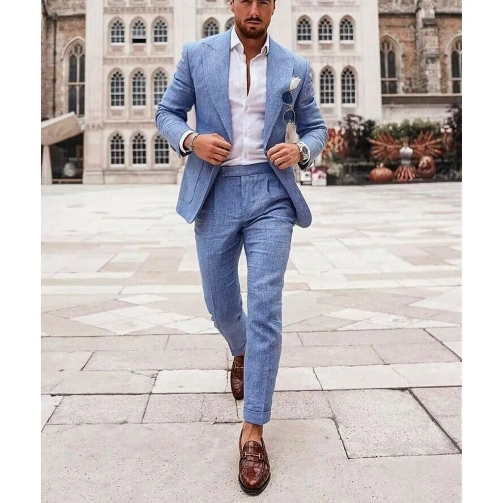 Mens Linen Suit 2 Piece Slim Fit Suit Summer Beach Wedding Suit Groosmen Prom Tuxedo Linen Blazer Pants Set 241214