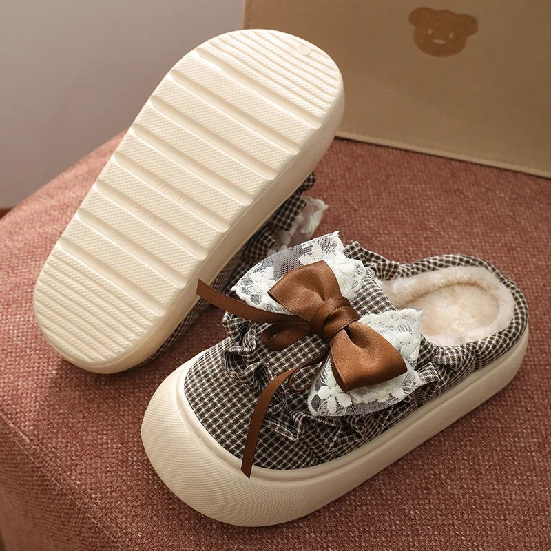 Women Thick Sole Butterflyknot Winter Slippers Ladies Casual Antislip Warm Cotton Shoes Female Outdoor Fashion Flat Footwear 241214